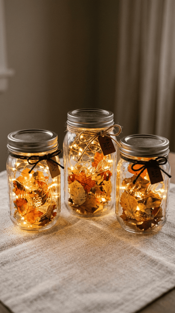 Mason jar fall lanterns filled with fairy lights and small leaves