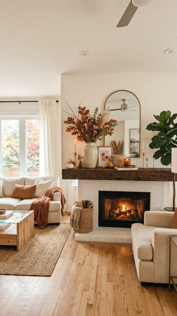 neutral stoneware vase styled on a fall mantle