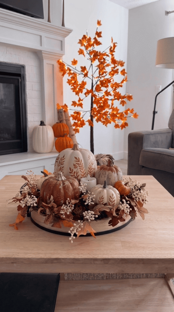 Hand painted pumpkin centerpiece in cream and terracotta tones