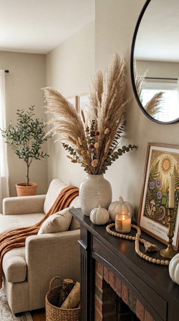 pampas grass stems in a vase on a fall mantle