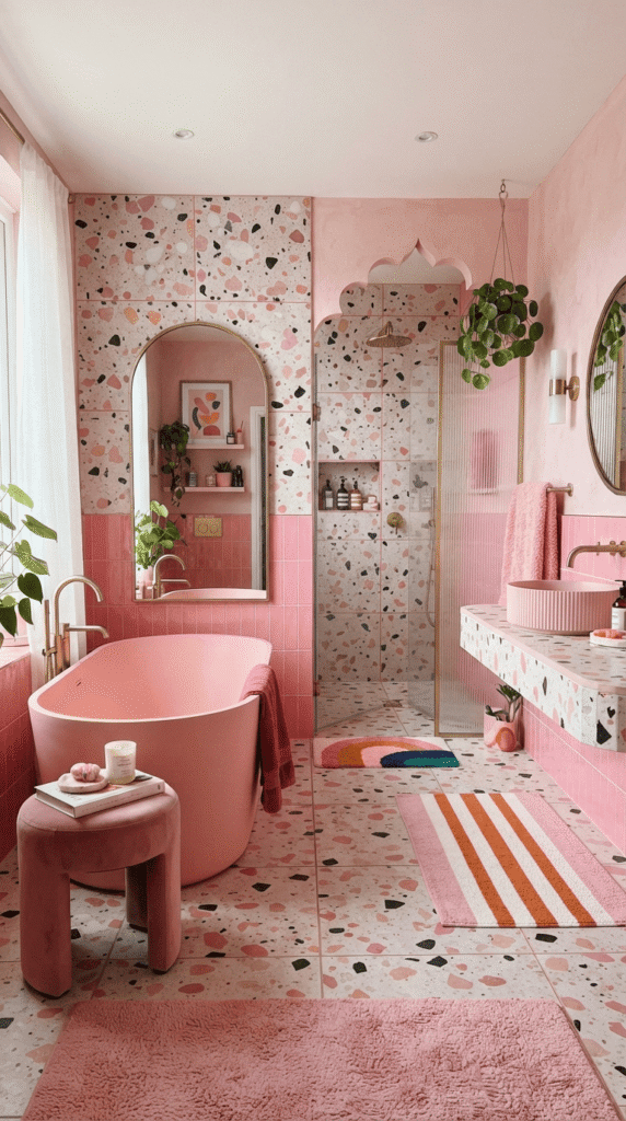 Pink and terrazzo tile bathroom decor with playful modern styling
