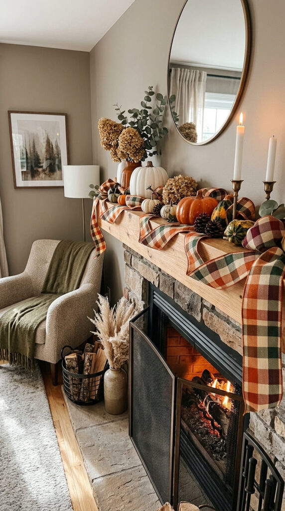 plaid ribbon draped along a fall mantle as a runner