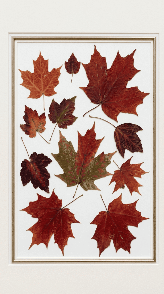 Framed pressed leaf wall art with autumn colored foliage