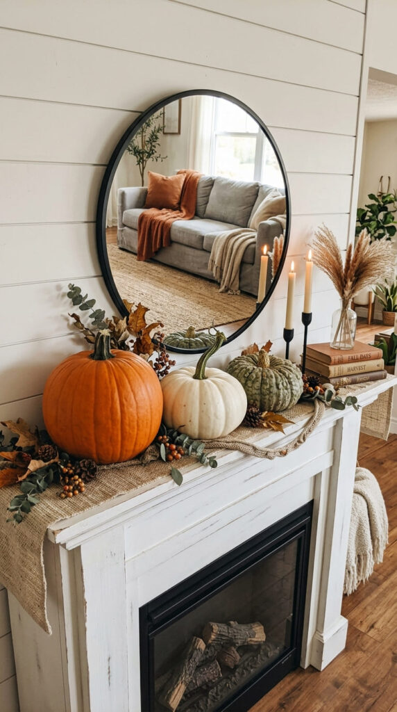 three varying size pumpkins styled on a mantle for fall