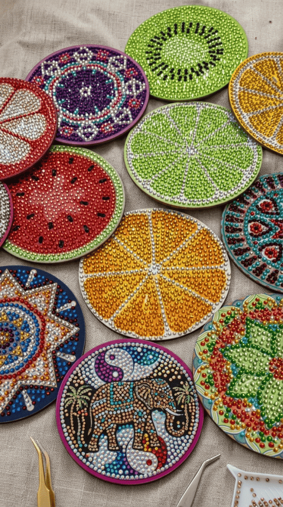 coaster set decorated with rhinestones as a DIY