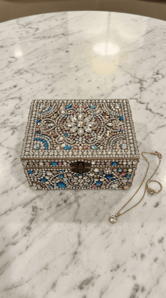 small jewelry box decorated with rhinestones
