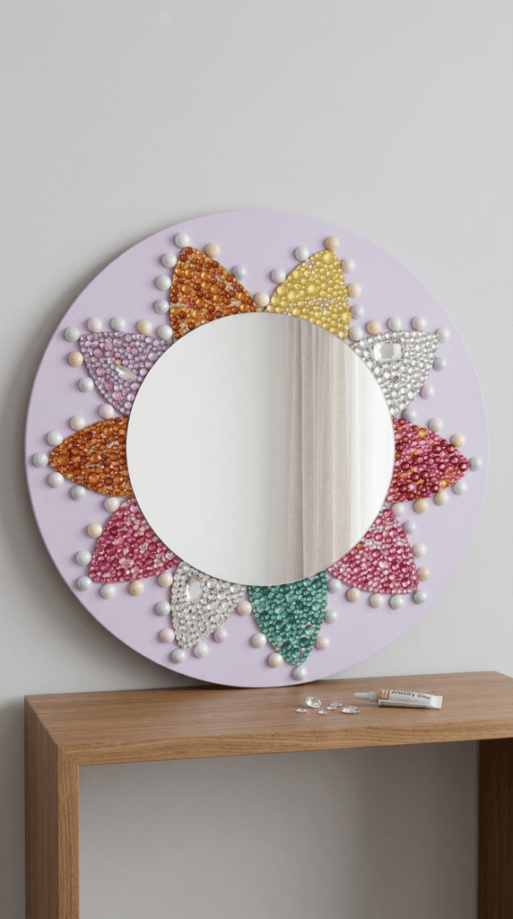 round mirror with a rhinestone border as a DIY bedazzling 