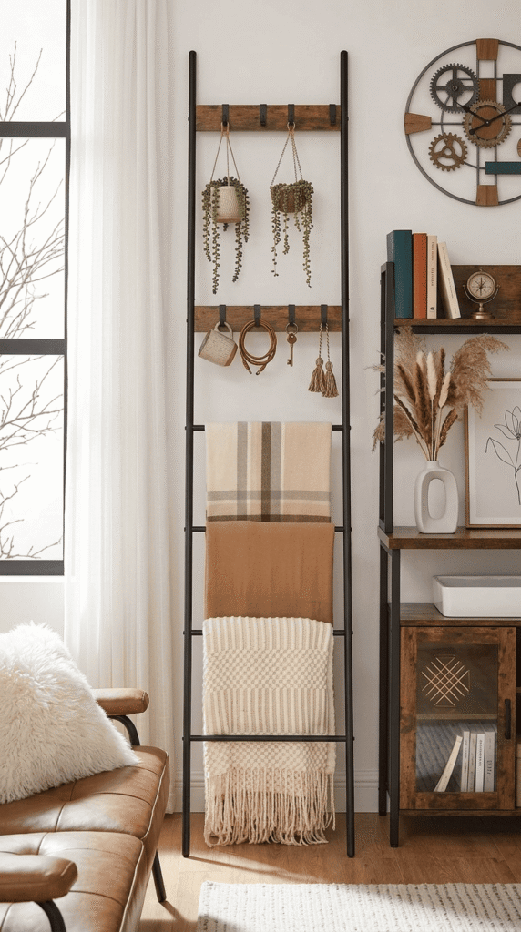 rustic wood ladder blanket display primitive autumn living room
