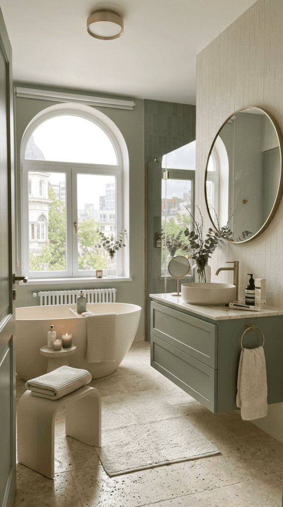 Sage green and cream bathroom decor combination