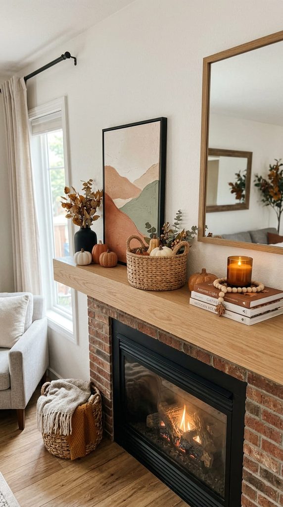 small woven basket accent on a fall mantle