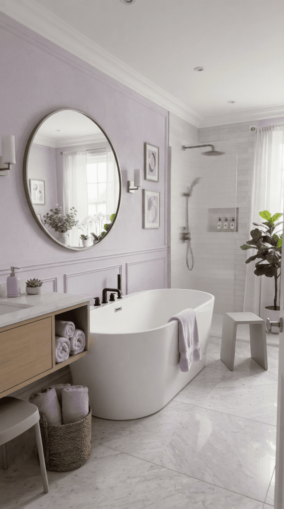 Soft lavender bathroom decor with gentle pastel styling