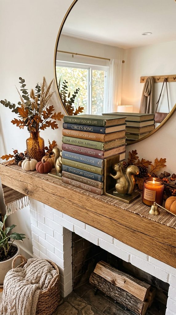 stacked books with bookends styled on a fall mantle