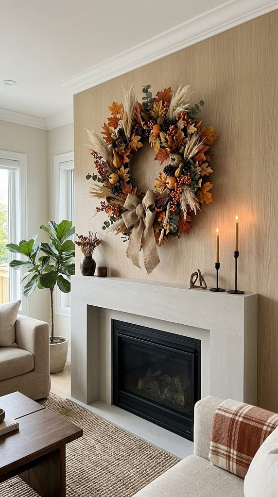 statement fall wreath hung above a mantle