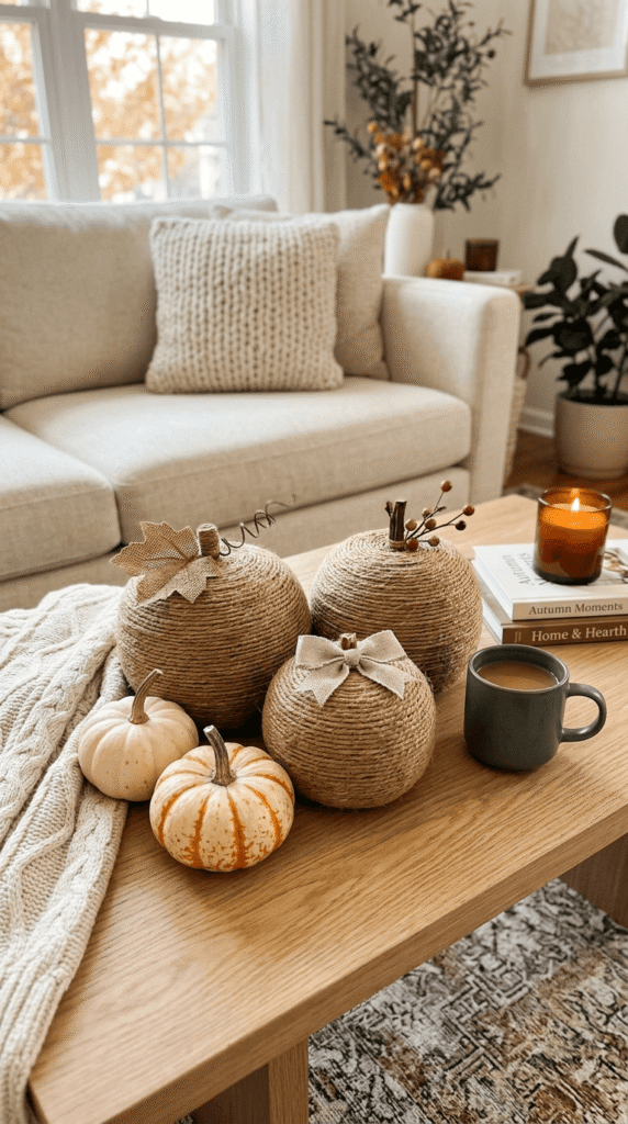 Twine wrapped pumpkins as rustic fall decor accents