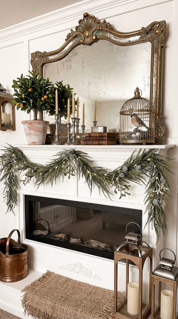 vintage mirror leaning above a mantle for fall decor