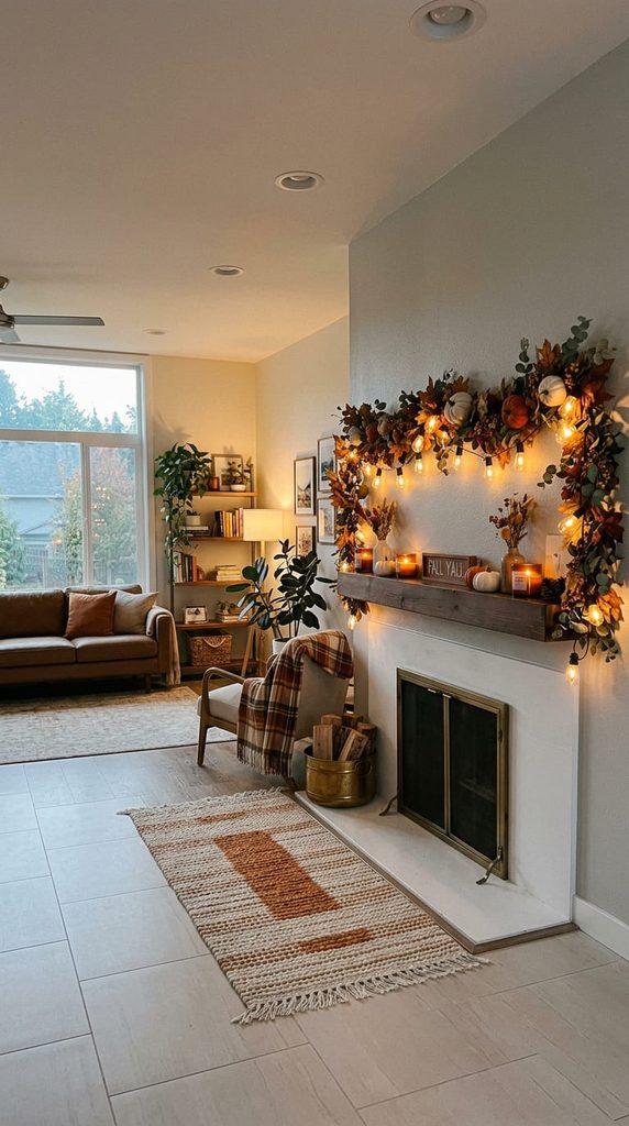 warm string lights draped across a fall mantle