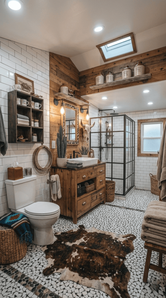 Western style bathroom decor with leather and rustic wood accents