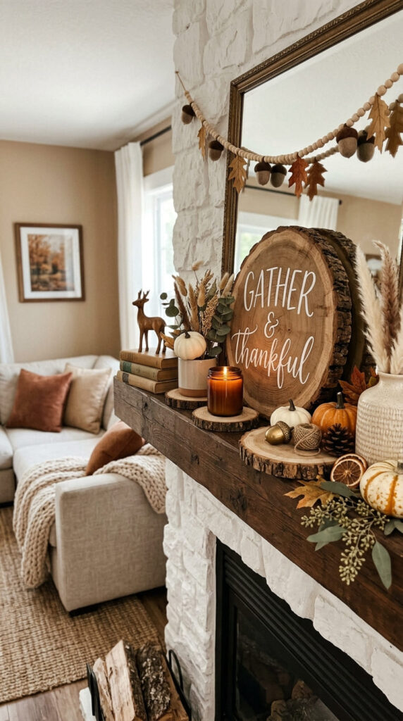 wood slice accents styled on a fall mantle
