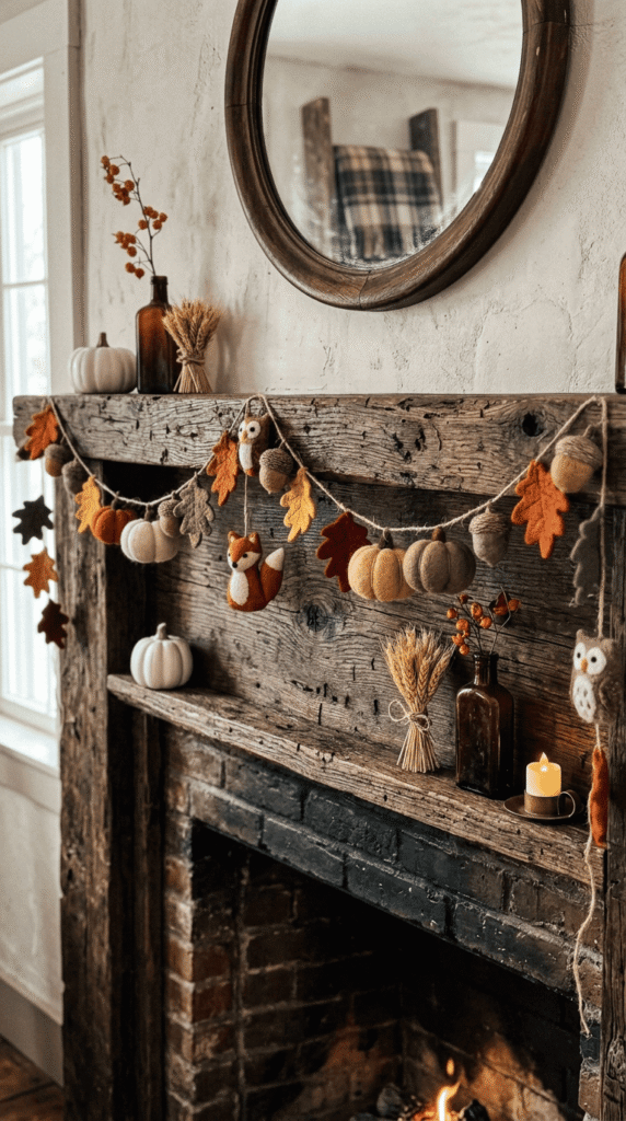 wool felt fall garland draped on primitive mantel