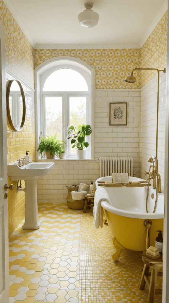 Yellow and white retro style bathroom decor