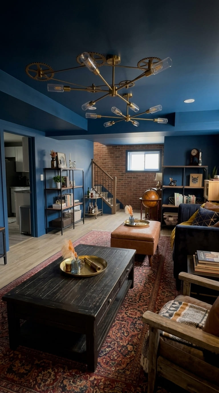 Basement bedroom with walls and ceiling painted the same moody color