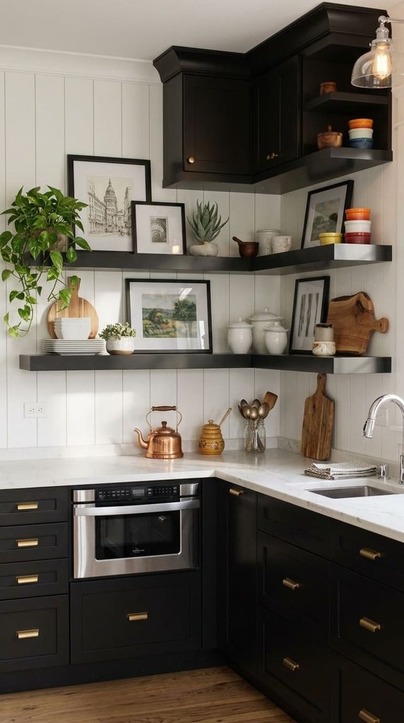 Black floating shelves holding white dishes on a white kitchen 