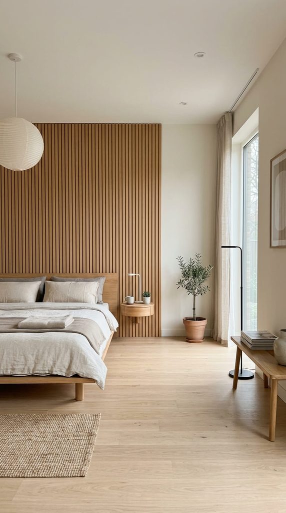 Minimal Japandi bedroom with open floor space and few furniture pieces
