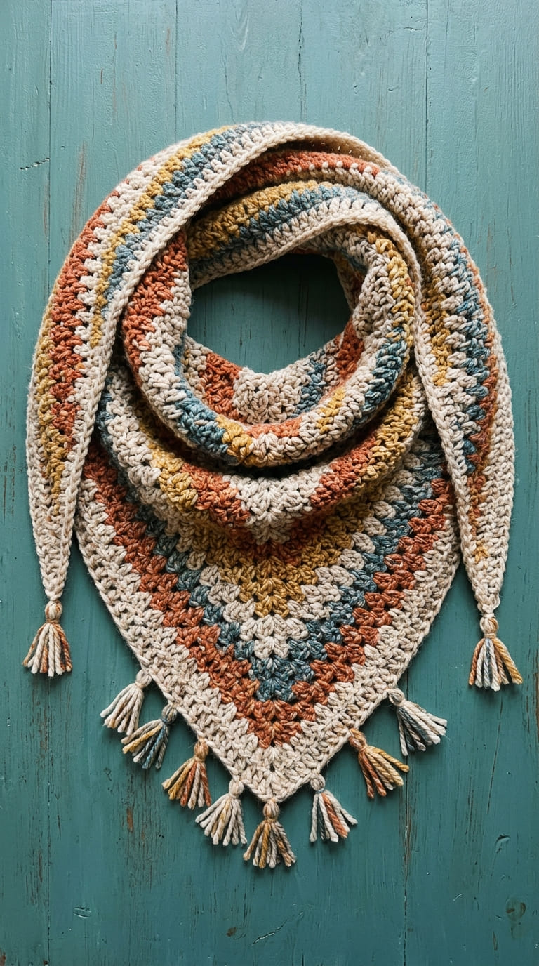 Modern triangle crochet scarf in aran weight yarn