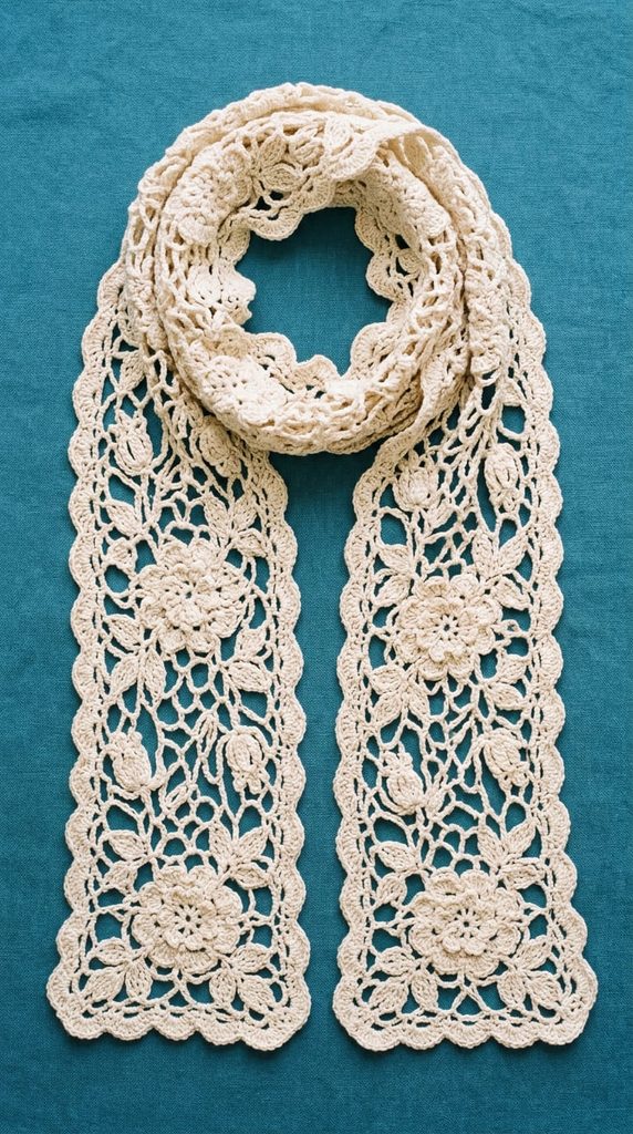 Sport weight lace floral crochet scarf