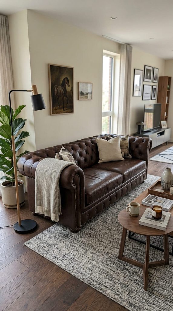 Traditional Chesterfield sofa design with tufted leather detailing