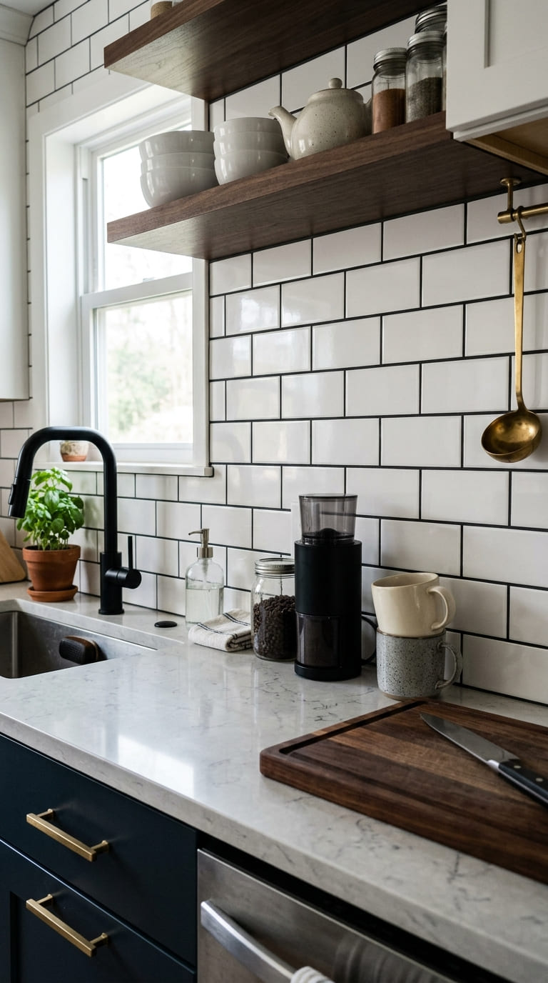 White subway tile backsplash with dark charcoal grout lines