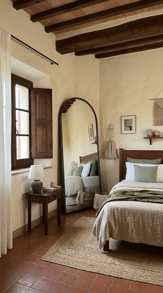 arched mirror leaning against tuscan bedroom wall