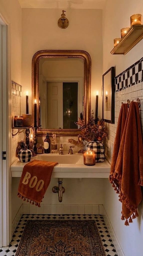 fall scented candles styled on bathroom shelf