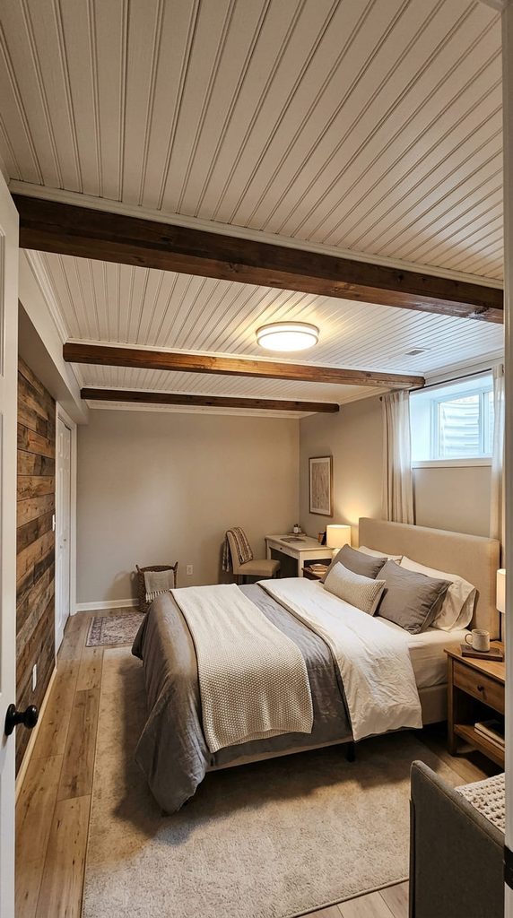 Basement bedroom ceiling finished with beadboard paneling