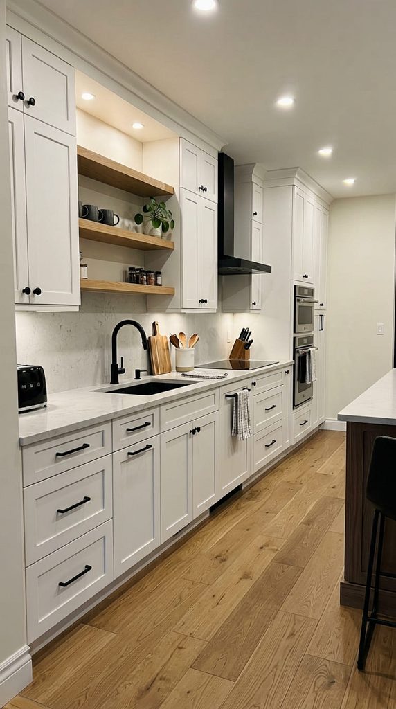 White kitchen cabinets with matte black bar pulls and knobs