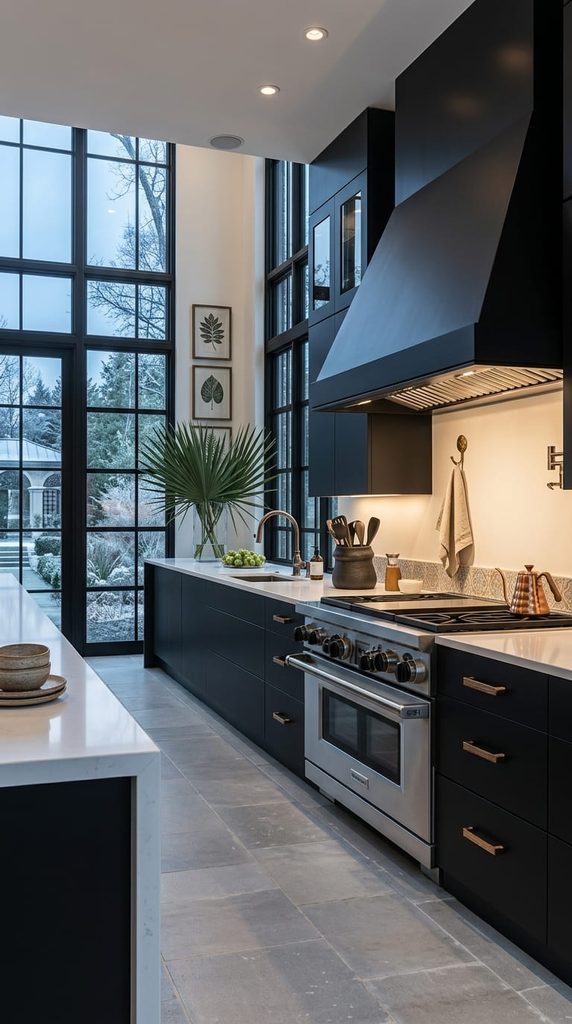 Matte black kitchen cabinets with white quartz countertops