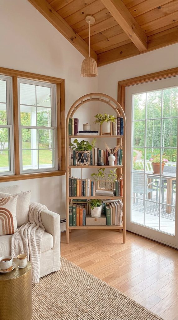 boho styled bookshelf with woven baskets and layered books
