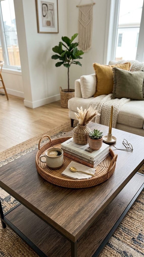 boho coffee table styled with a tray, books, and small woven basket