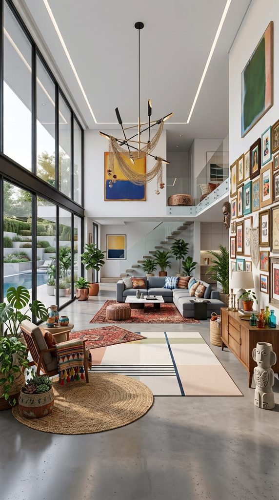 eclectic boho gallery wall with mismatched frames and prints