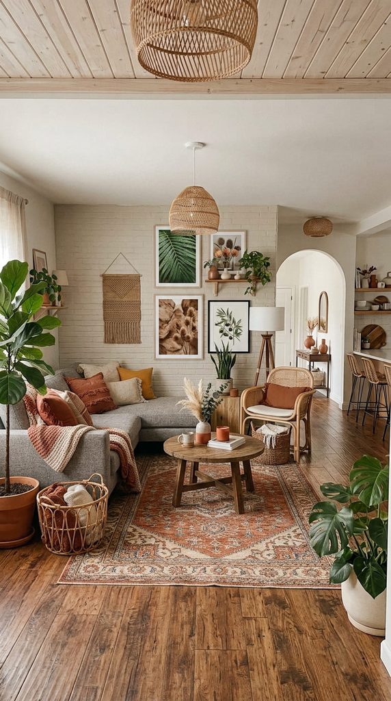 boho living room with gray couch and warm terracotta throw pillows