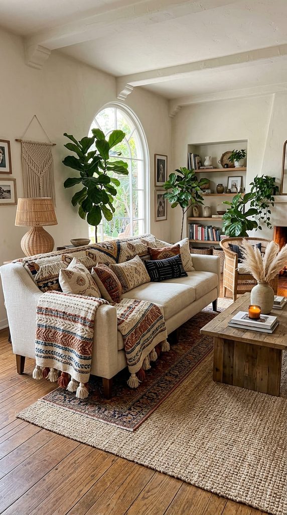 Boho style sofa design idea with woven throw