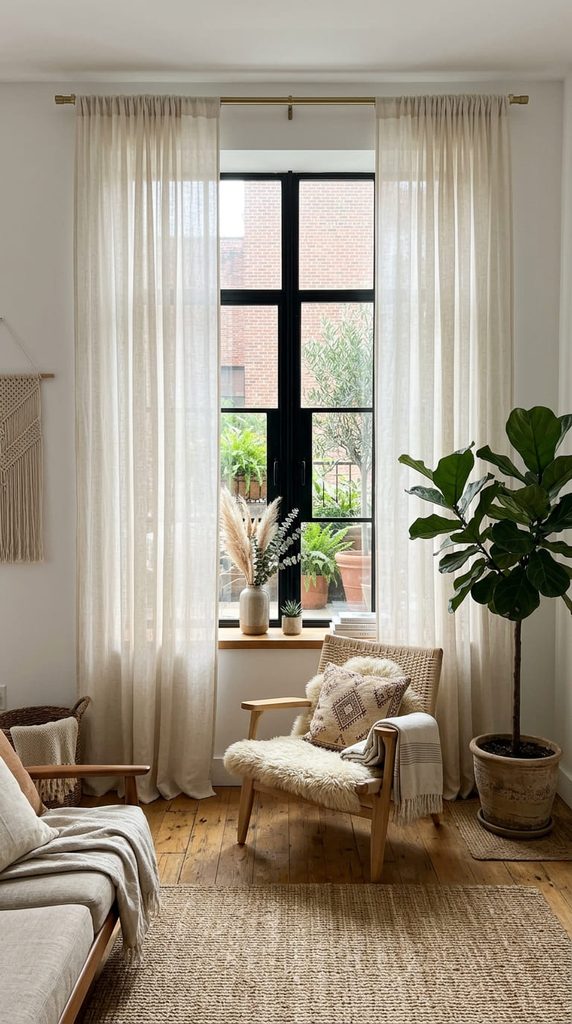 sheer linen curtains as boho window treatments in a living room