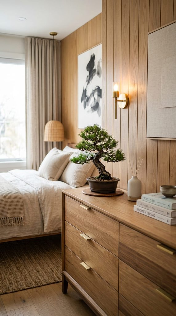 Small bonsai tree accent on a wood dresser in a Japandi bedroom