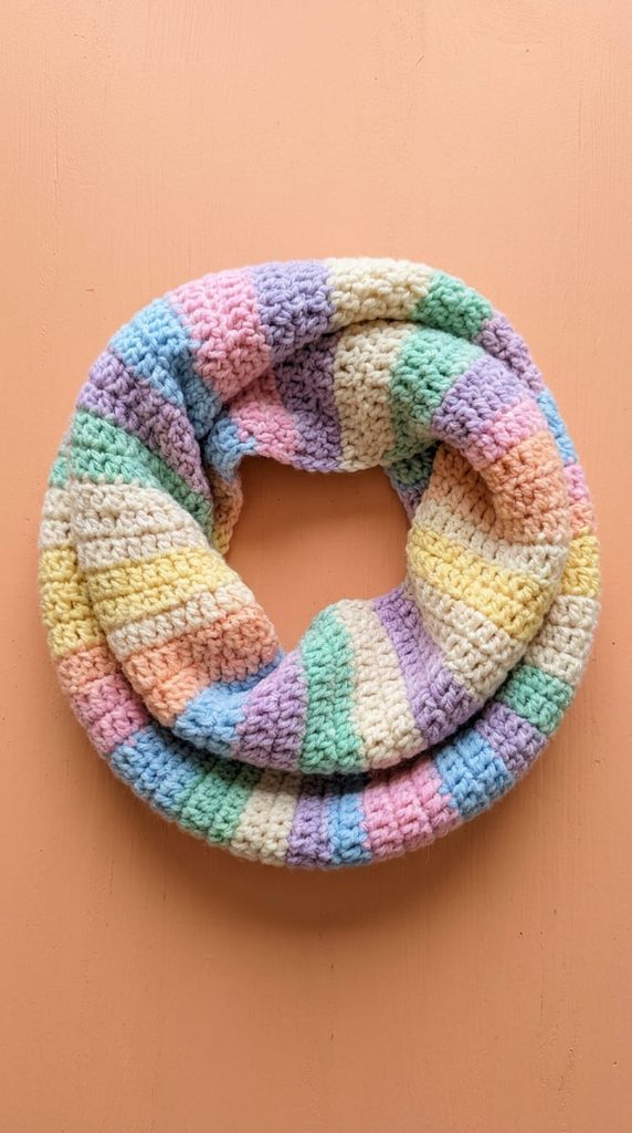 Striped crochet infinity scarf in pastel colors