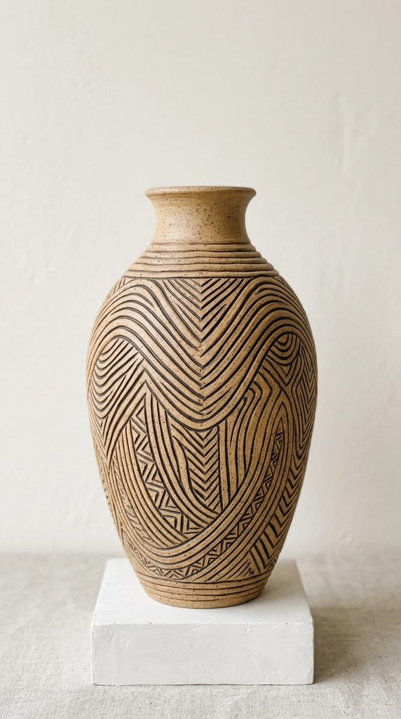 Coil pot with hand carved line pattern pressed into the surface