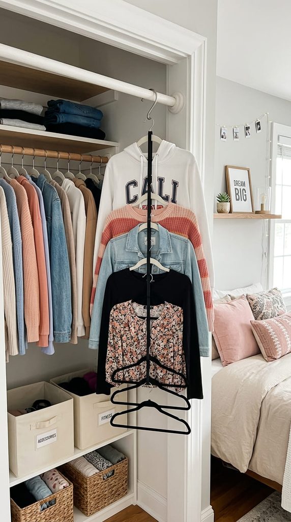 Cascading tiered hangers closet organization idea