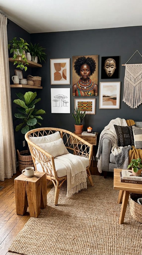 charcoal gray boho living room with rattan chair and natural wood accents