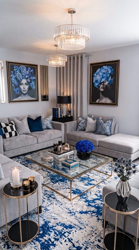 Glam sofa design idea with chrome legs and velvet upholstery