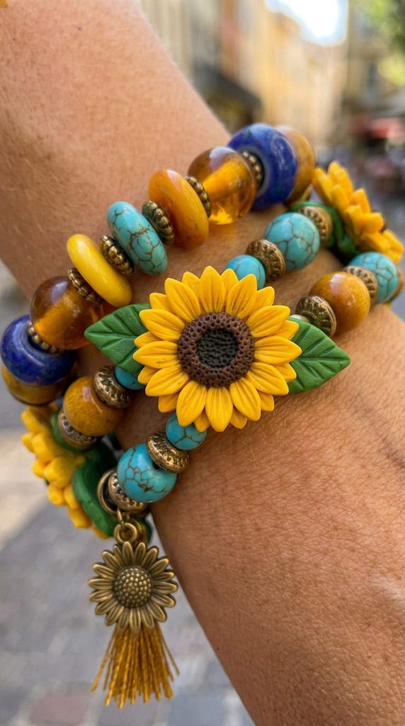 chunky beaded bracelet with large sunflower beads