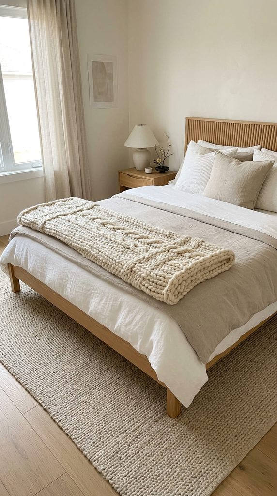 Chunky knit throw blanket folded at the end of a Japandi bed